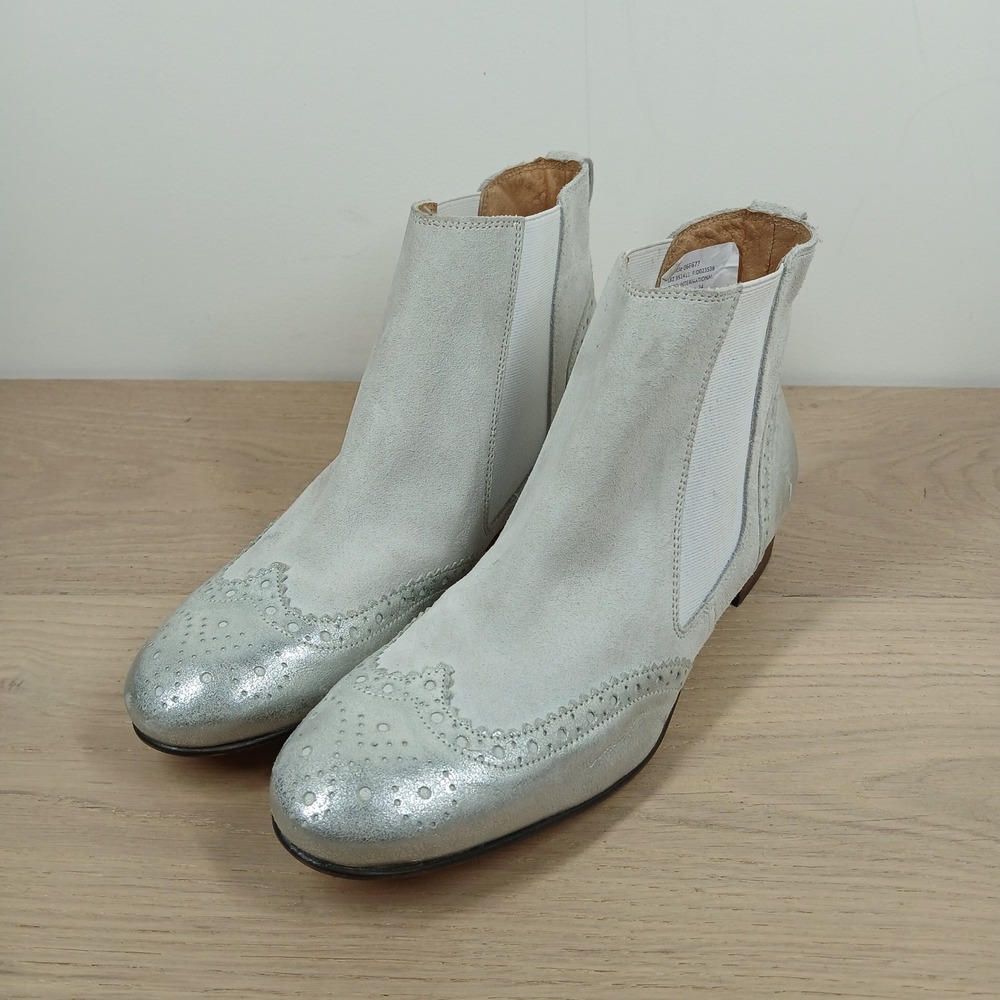 Heine Boots Womens 8.5 White Leather Chelsea Ankle Brogue Metallic Accent Boot